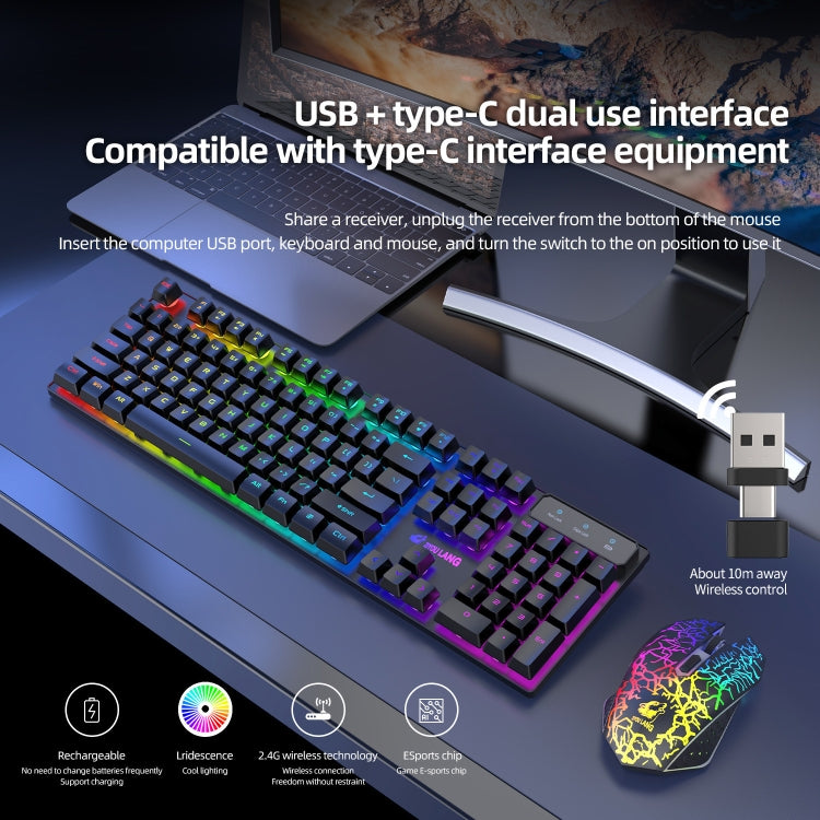 Set tastiera e mouse illuminati da gioco con ricarica wireless ZIYOULANG T3, T3 Black Rainbow Light, T3 Black Orange Light, T3 White Rainbow Light