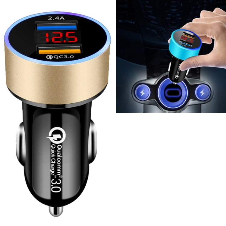 Caricabatteria per auto con display 5V3.1A con anello in alluminio da 2 pezzi QC3.0 + 3.1A Caricatore per auto con display digitale Halo multifunzione in lega di alluminio, WMY-C030 (Gold), WMY-C030 (Snow Silver), WMY-C030 (Elegant Black)