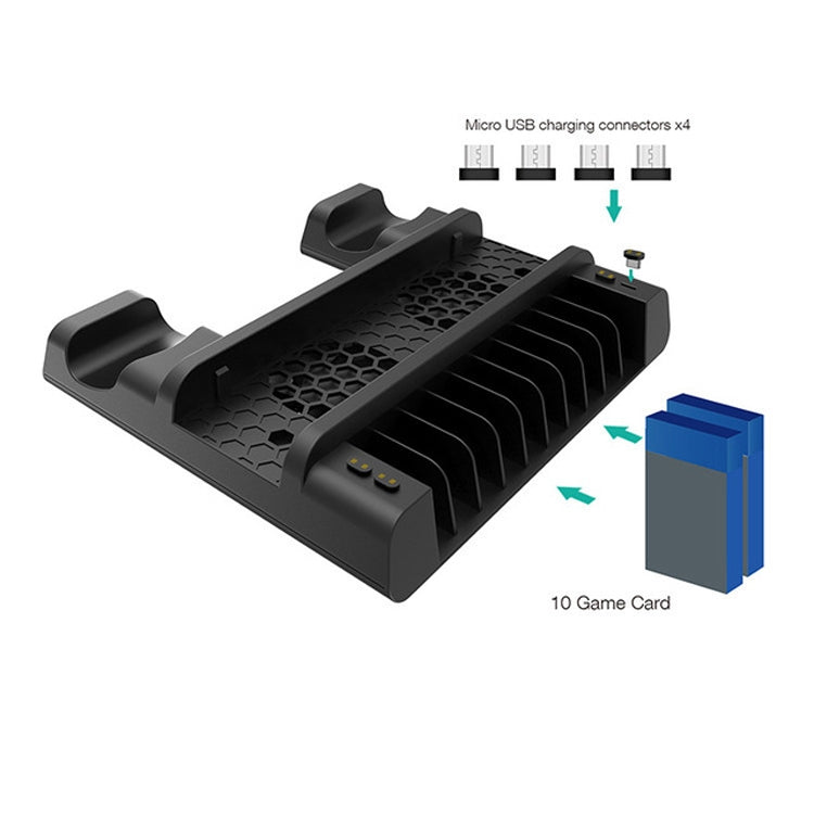 DOBE Per PS4 / SLIM / PRO Base di raffreddamento multifunzione Ventola di raffreddamento + Rack per dischi + Doppia carica con luci a LED, For PS4 / SLIM / PRO