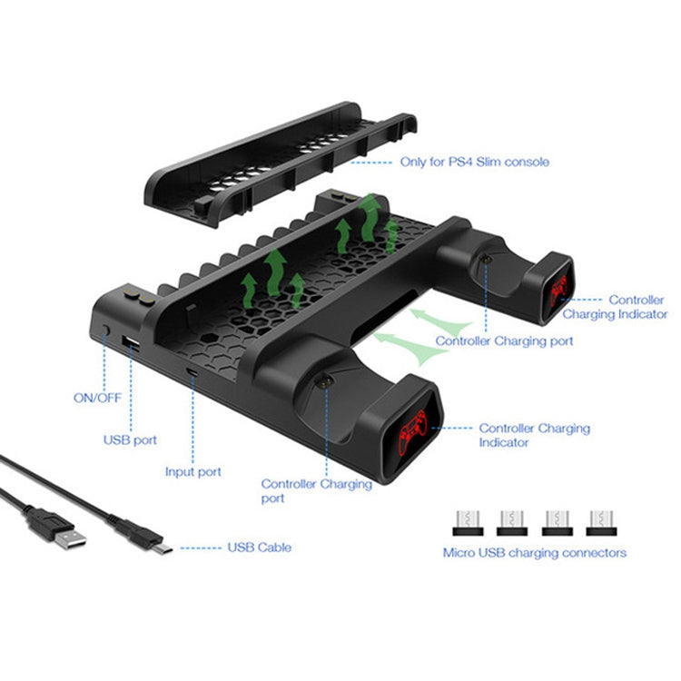 DOBE Per PS4 / SLIM / PRO Base di raffreddamento multifunzione Ventola di raffreddamento + Rack per dischi + Doppia carica con luci a LED, For PS4 / SLIM / PRO