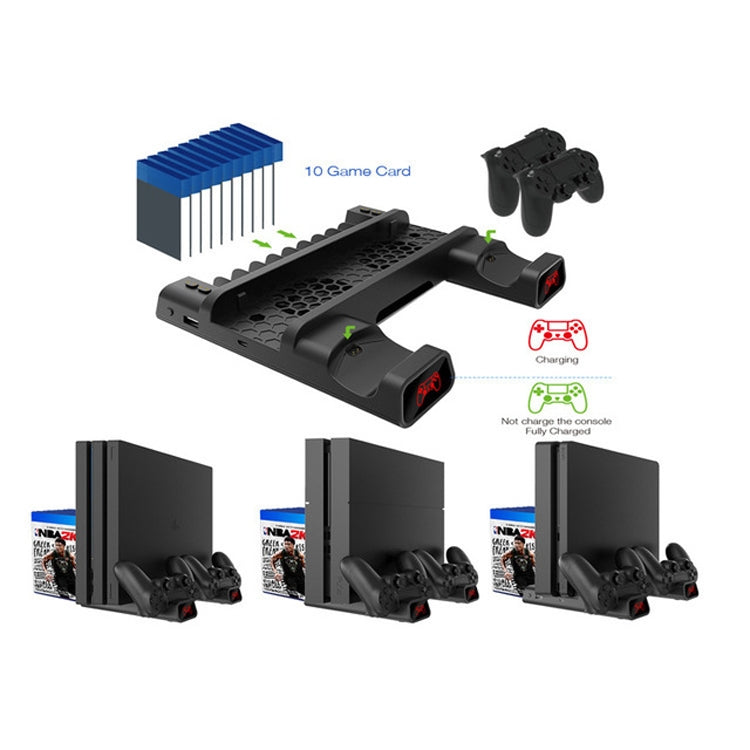 DOBE Per PS4 / SLIM / PRO Base di raffreddamento multifunzione Ventola di raffreddamento + Rack per dischi + Doppia carica con luci a LED, For PS4 / SLIM / PRO