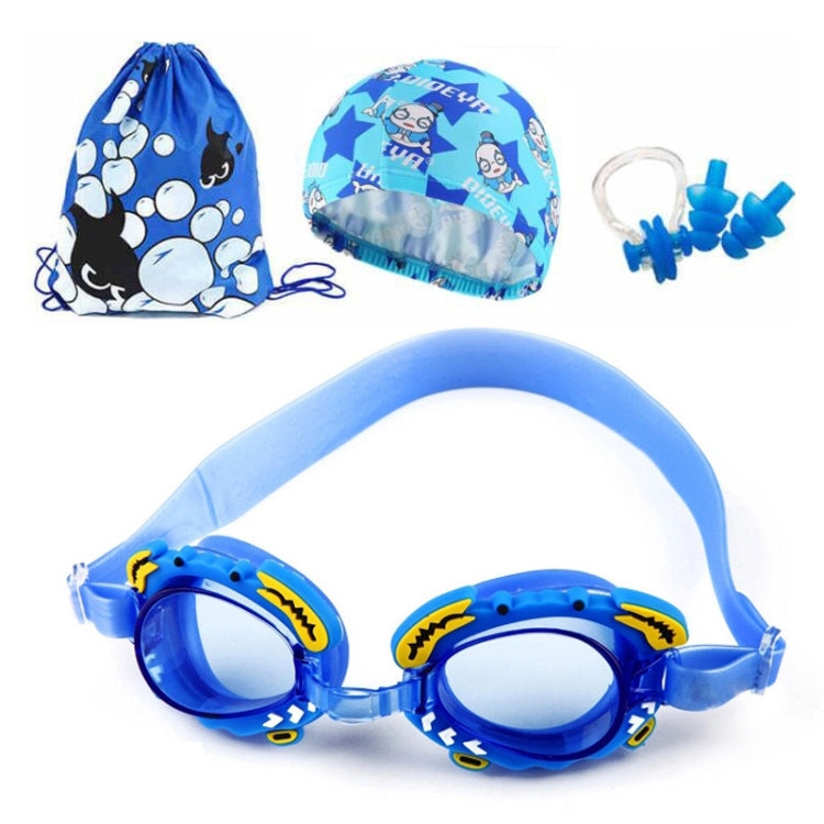 4 in 1 Cartoon Little Crab Occhialini da nuoto in silicone impermeabili e antiappannamento + Cuffia da nuoto con motivo stampato + Tappi per le orecchie con clip per naso + Borsa per riporre l'attrezzatura da nuoto per bambini