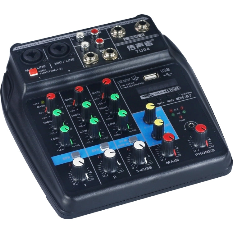 TU04 Console di missaggio audio BT Registra Monitor con alimentazione Phantom 48V Percorsi AUX Plus Effetti Mixer audio a 4 canali con USB