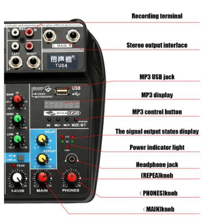 TU04 Console di missaggio audio BT Registra Monitor con alimentazione Phantom 48V Percorsi AUX Plus Effetti Mixer audio a 4 canali con USB