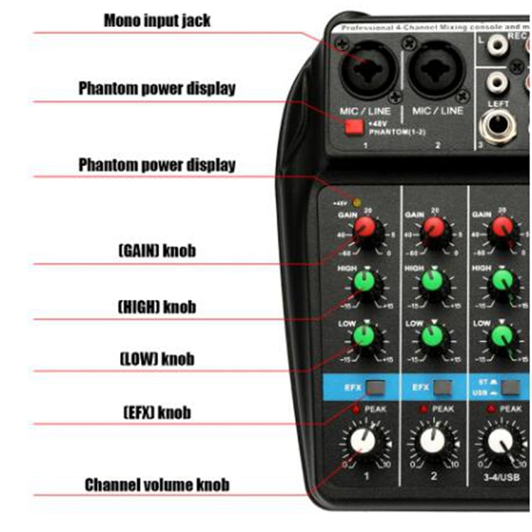TU04 Console di missaggio audio BT Registra Monitor con alimentazione Phantom 48V Percorsi AUX Plus Effetti Mixer audio a 4 canali con USB