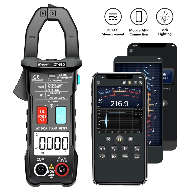 Pinza amperometrica AC intelligente ad alta precisione Bluetooth 5.0 BSIDE da 6000 parole, ZT-5BQ, ZT-5BQ+C3140 Clip