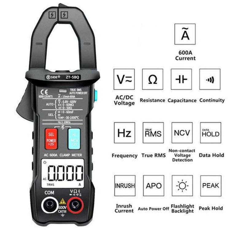Pinza amperometrica AC intelligente ad alta precisione Bluetooth 5.0 BSIDE da 6000 parole, ZT-5BQ, ZT-5BQ+C3140 Clip
