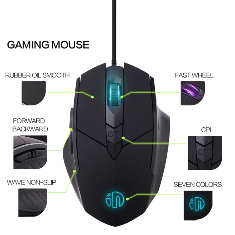 Mouse cablato illuminato Inphic PW1 Game Mute Macro Definition, lunghezza cavo: 1,5 m, Mute Black Business Version, Mute Black Game Version, Mute Red Game Version, Mute Titanium Gray Game Version