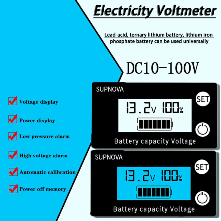 SUPNOVA DC 8-100V Indicatore di capacità della batteria Voltmetro Indicatore di tensione, Stile:, White, White + Alarm + Temperature, Blue, Blue +Alarm + Temperature