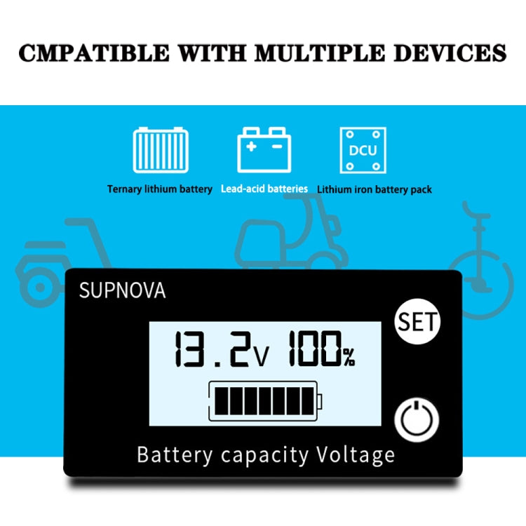SUPNOVA DC 8-100V Indicatore di capacità della batteria Voltmetro Indicatore di tensione, Stile:, White, White + Alarm + Temperature, Blue, Blue +Alarm + Temperature
