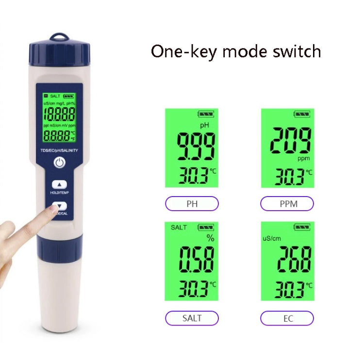EZ-9909 PH/Salinità/Temperatura/TDS/EC Penna di prova 5 in 1 Rilevatore multifunzionale della qualità dell'acqua, 5-in-1 Test Pen