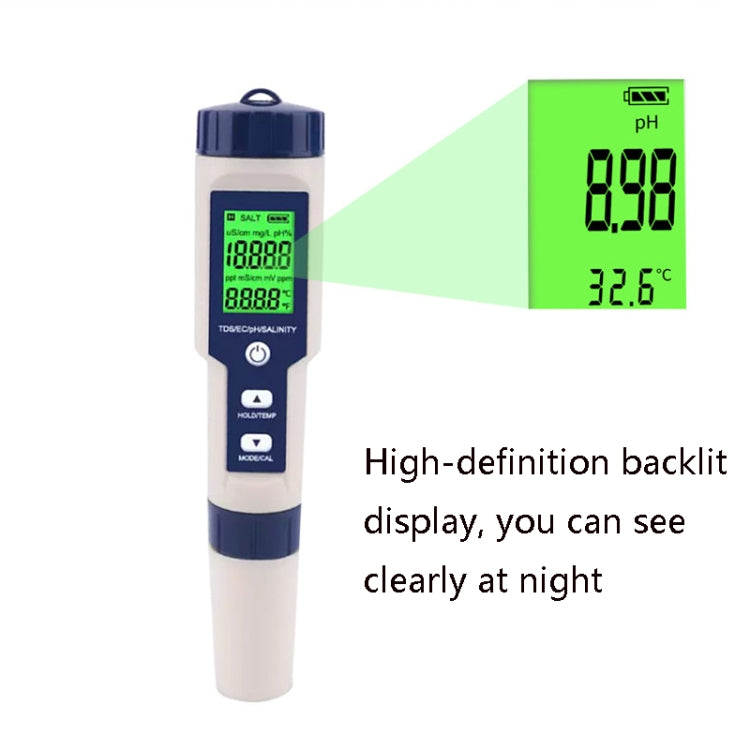 EZ-9909 PH/Salinità/Temperatura/TDS/EC Penna di prova 5 in 1 Rilevatore multifunzionale della qualità dell'acqua, 5-in-1 Test Pen