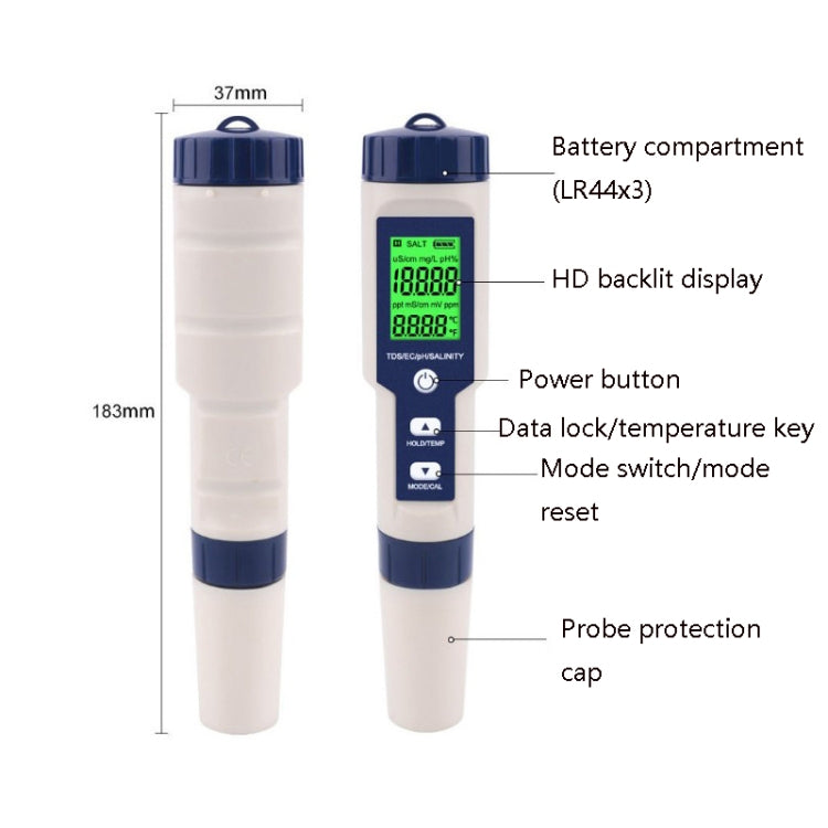 EZ-9909 PH/Salinità/Temperatura/TDS/EC Penna di prova 5 in 1 Rilevatore multifunzionale della qualità dell'acqua, 5-in-1 Test Pen