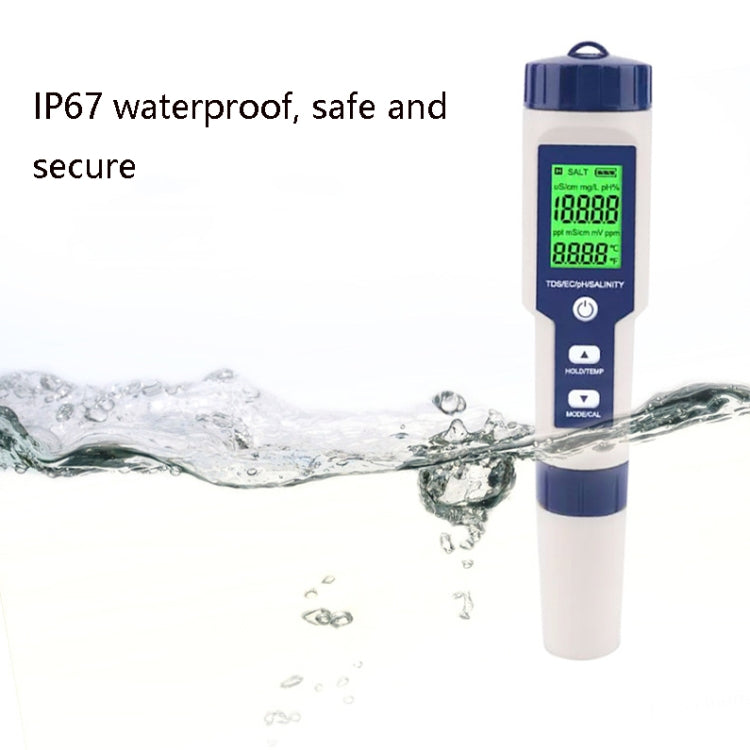 EZ-9909 PH/Salinità/Temperatura/TDS/EC Penna di prova 5 in 1 Rilevatore multifunzionale della qualità dell'acqua, 5-in-1 Test Pen