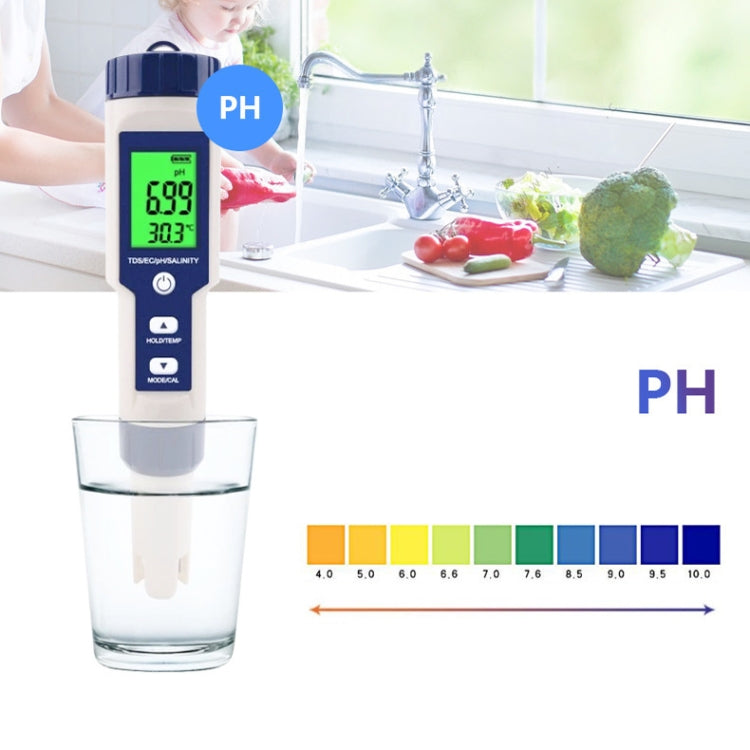 EZ-9909 PH/Salinità/Temperatura/TDS/EC Penna di prova 5 in 1 Rilevatore multifunzionale della qualità dell'acqua, 5-in-1 Test Pen