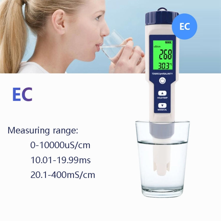 EZ-9909 PH/Salinità/Temperatura/TDS/EC Penna di prova 5 in 1 Rilevatore multifunzionale della qualità dell'acqua, 5-in-1 Test Pen