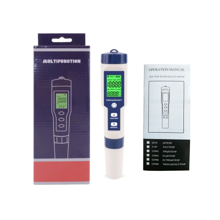 EZ-9909 PH/Salinità/Temperatura/TDS/EC Penna di prova 5 in 1 Rilevatore multifunzionale della qualità dell'acqua, 5-in-1 Test Pen