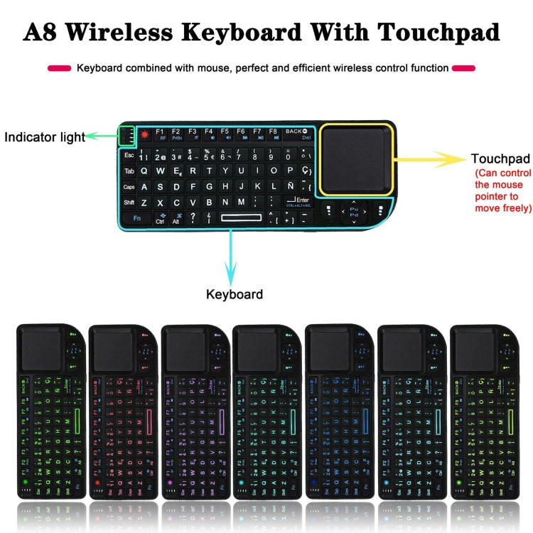 Mini mouse e tastiera wireless A8 con tastiera touchpad laser, English White Backlight, English Colorful Backlight