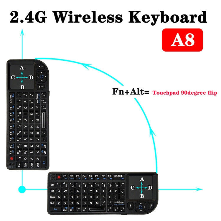 Mini mouse e tastiera wireless A8 con tastiera touchpad laser, English White Backlight, English Colorful Backlight