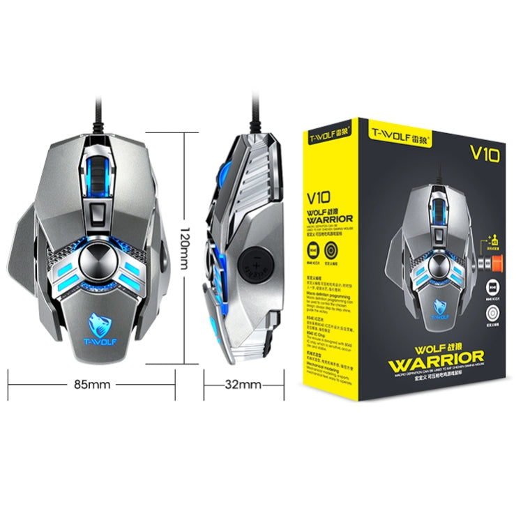 T-WOLF V10 Interfaccia USB 7 pulsanti Mouse da gioco cablato da 6400 DPI Programmazione macro personalizzata Mouse da gioco con luce respiratoria a 4 colori, Lunghezza cavo: 1,5 m