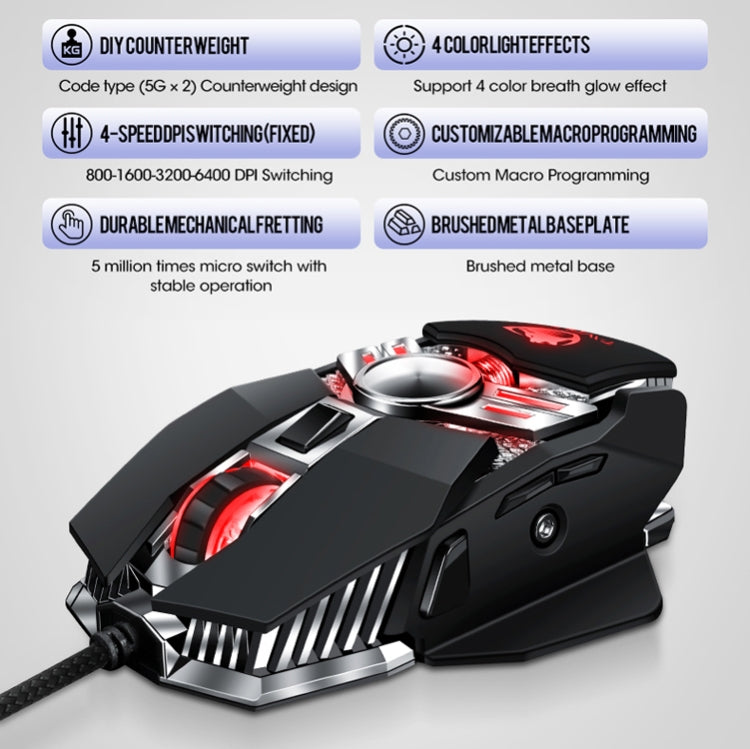 T-WOLF V10 Interfaccia USB 7 pulsanti Mouse da gioco cablato da 6400 DPI Programmazione macro personalizzata Mouse da gioco con luce respiratoria a 4 colori, Lunghezza cavo: 1,5 m