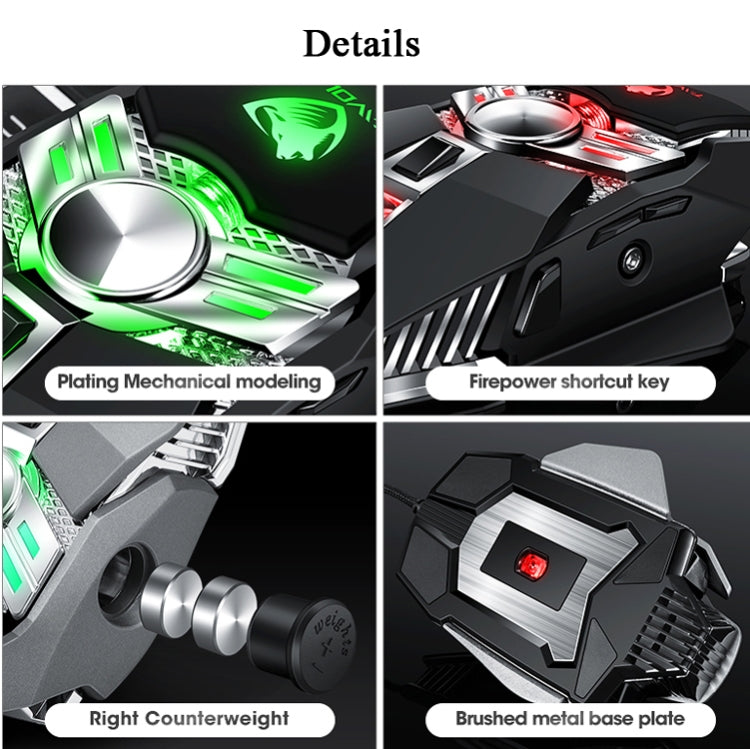 T-WOLF V10 Interfaccia USB 7 pulsanti Mouse da gioco cablato da 6400 DPI Programmazione macro personalizzata Mouse da gioco con luce respiratoria a 4 colori, Lunghezza cavo: 1,5 m