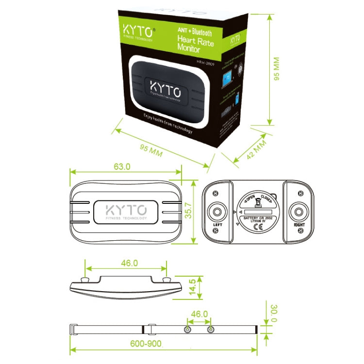 KYTO 2809 One-To-One ANT+ Bluetooth 4.0 Fascia toracica wireless per trasmettitore di frequenza cardiaca