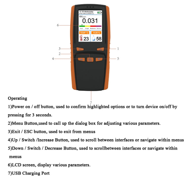 DM509-O3 Analizzatore di ozono portatile portatile Rilevatore di gas di ozono O3 Misuratore di ozono con sensore intelligente, Black Orange