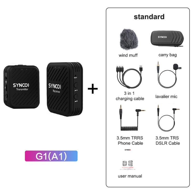 SYNCO Sistema microfonico wireless Engragal Intervista a 2,4 GHz Kit ricevitore microfono lavalier con risvolto per telefoni Videocamera tablet DSLR, configurazione, G1 (A1), G1 (A2)