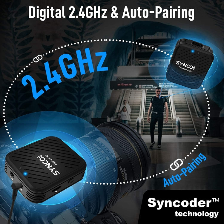 SYNCO Sistema microfonico wireless Engragal Intervista a 2,4 GHz Kit ricevitore microfono lavalier con risvolto per telefoni Videocamera tablet DSLR, configurazione, G1 (A1), G1 (A2)
