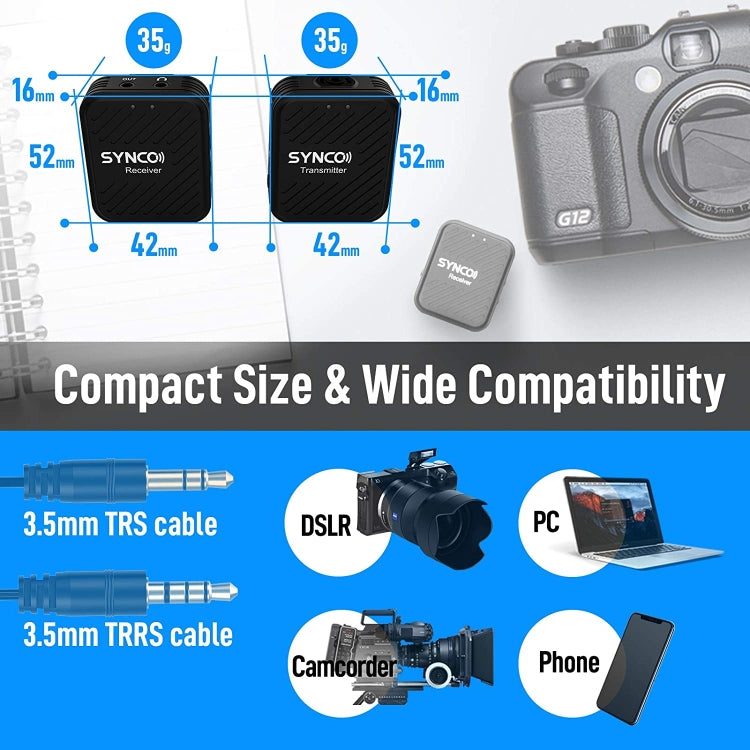 SYNCO Sistema microfonico wireless Engragal Intervista a 2,4 GHz Kit ricevitore microfono lavalier con risvolto per telefoni Videocamera tablet DSLR, configurazione, G1 (A1), G1 (A2)