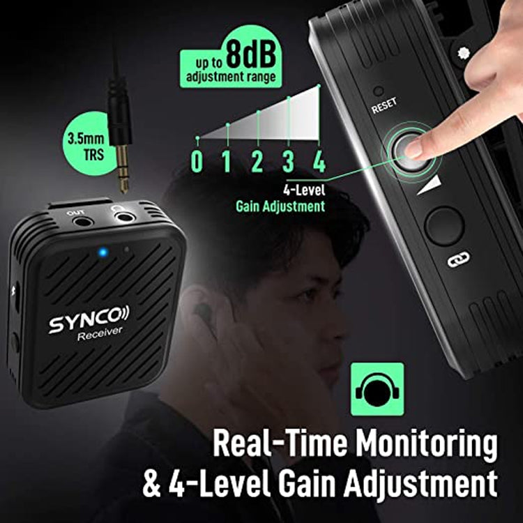 SYNCO Sistema microfonico wireless Engragal Intervista a 2,4 GHz Kit ricevitore microfono lavalier con risvolto per telefoni Videocamera tablet DSLR, configurazione, G1 (A1), G1 (A2)