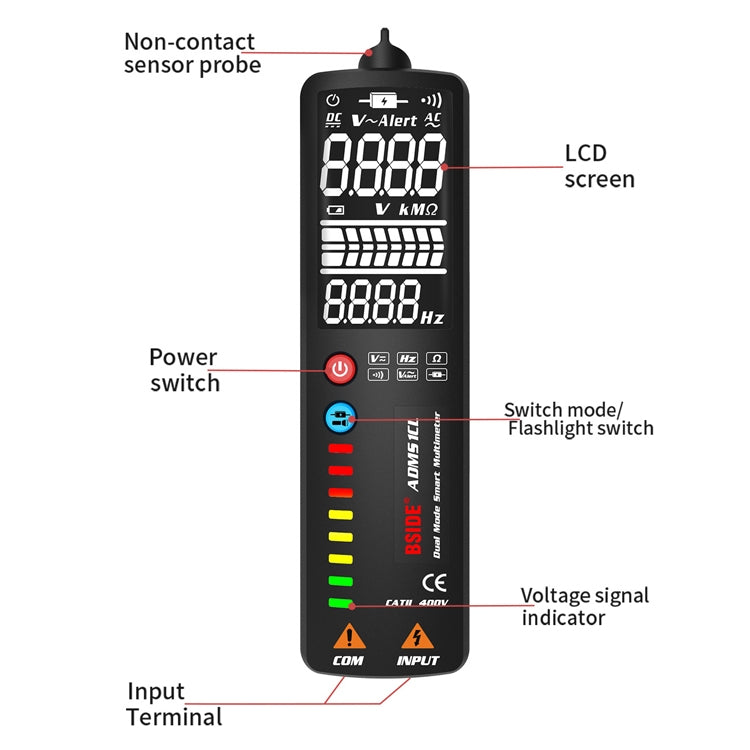 BSIDE Dual-Mode Smart Display a grande schermo Multimetro Penna elettrica Rilevatore di tensione portatile, ADMS1, ADMS1CL