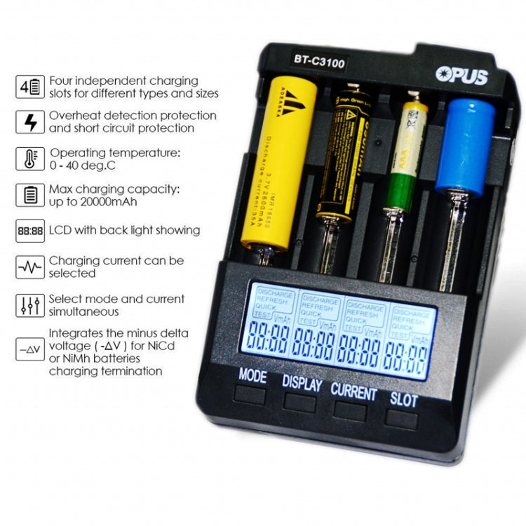 OPUS BT-C3100 Smart Smart Digital Caricabatteria intelligente a 4 slot, EU Plug, US Plug, UK Plug