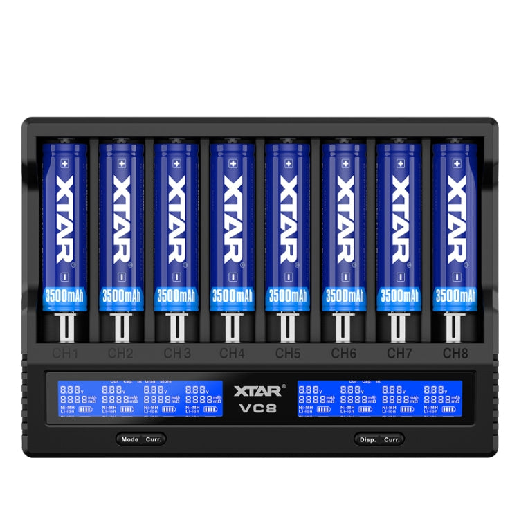 XTAR Caricabatterie a 8 slot Caricabatterie con display LCD QC3.0 Caricabatterie rapido di tipo C per batteria 21700/18650, VC8