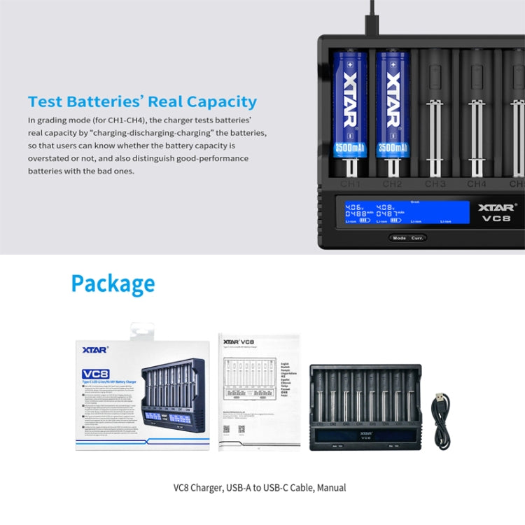 XTAR Caricabatterie a 8 slot Caricabatterie con display LCD QC3.0 Caricabatterie rapido di tipo C per batteria 21700/18650, VC8