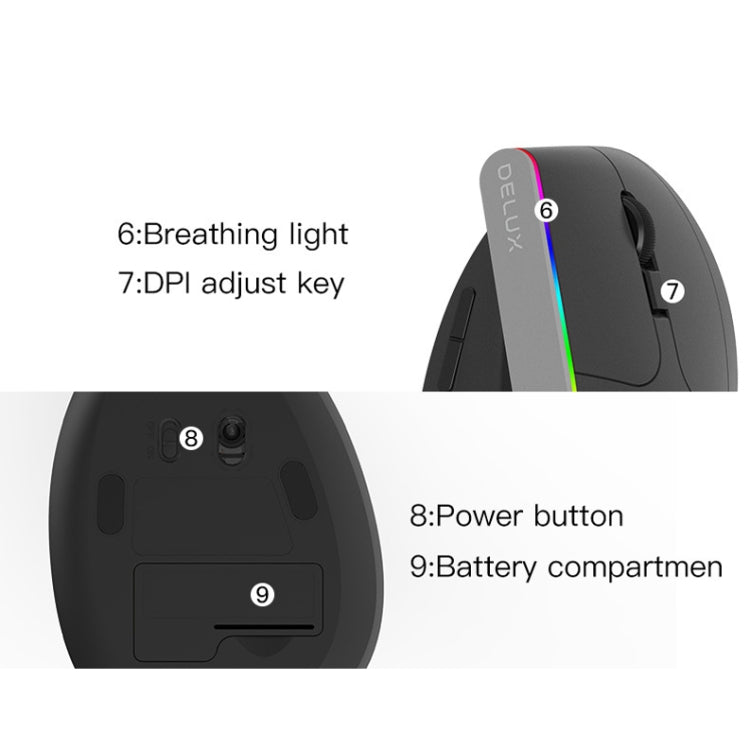 DELUX M618C 6 Tasti 1600 DPI RGB Vertical Wireless Bluetooth Dual Mode Mouse, M618C(White), M618C(Black)