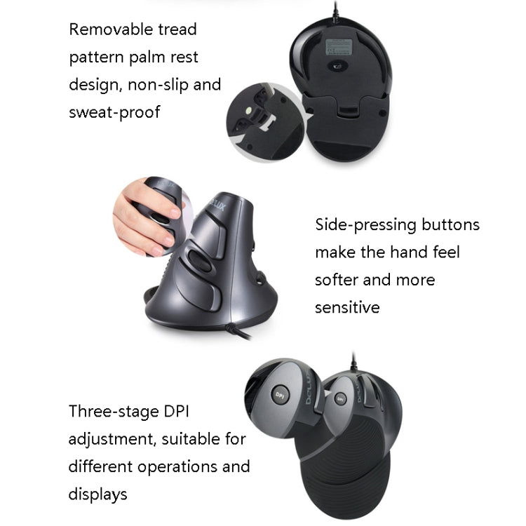 DELUX M618 Mouse palmare verticale a 6 tasti Mouse ergonomico cablato, lunghezza cavo: 1,5 m, Wired