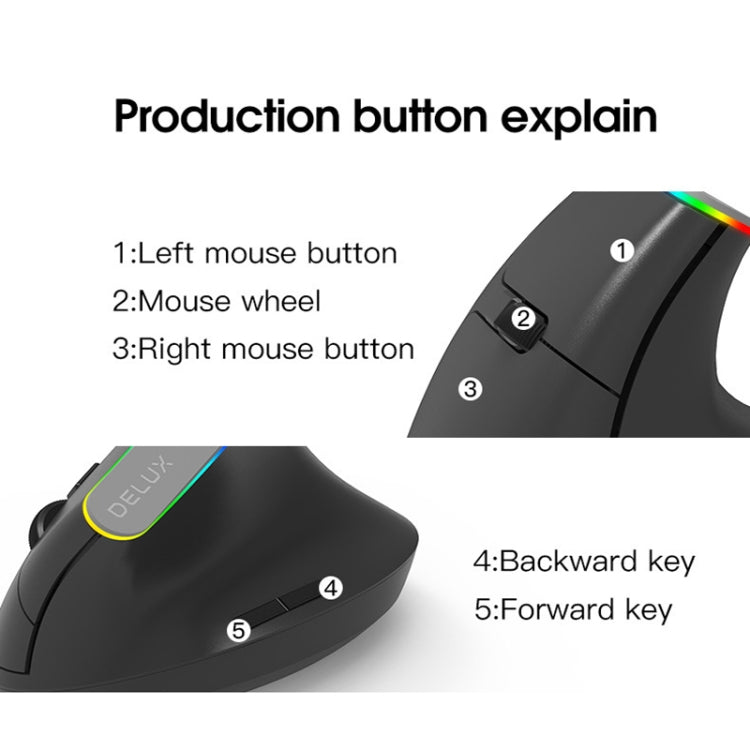 DELUX M618DB Mouse verticale wireless Bluetooth dual-mode a 6 tasti 1600 DPI RGB, M618DB(Bluetooth Version)