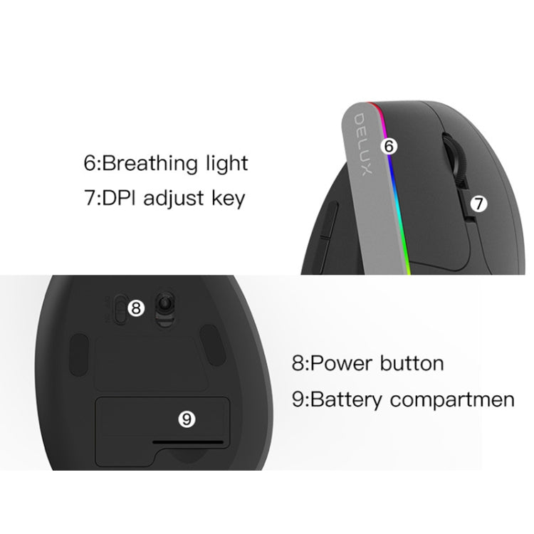 DELUX M618DB Mouse verticale wireless Bluetooth dual-mode a 6 tasti 1600 DPI RGB, M618DB(Bluetooth Version)