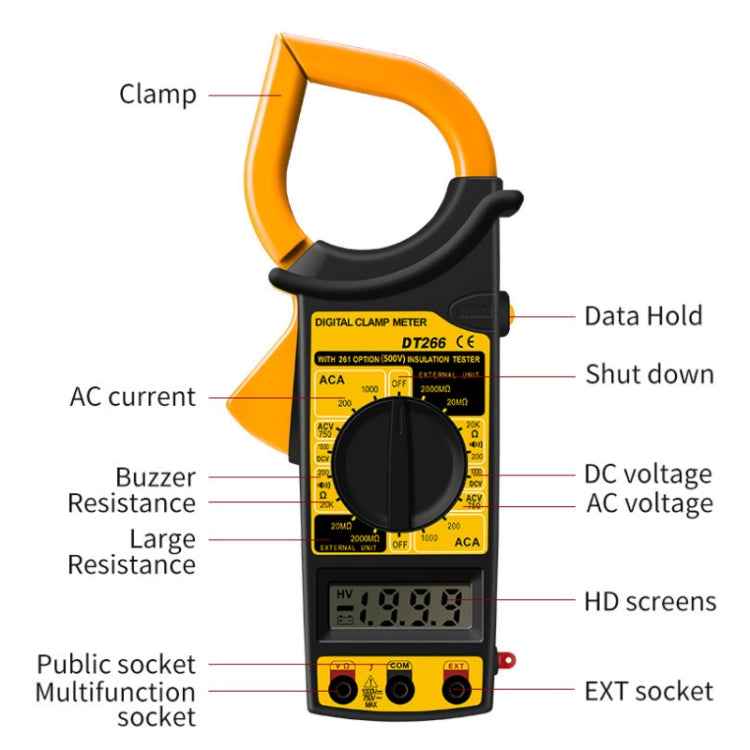 ANENG DT266 Multimetro a pinza automatico ad alta precisione con cicalino, DT266 Yellow, DT266 Red
