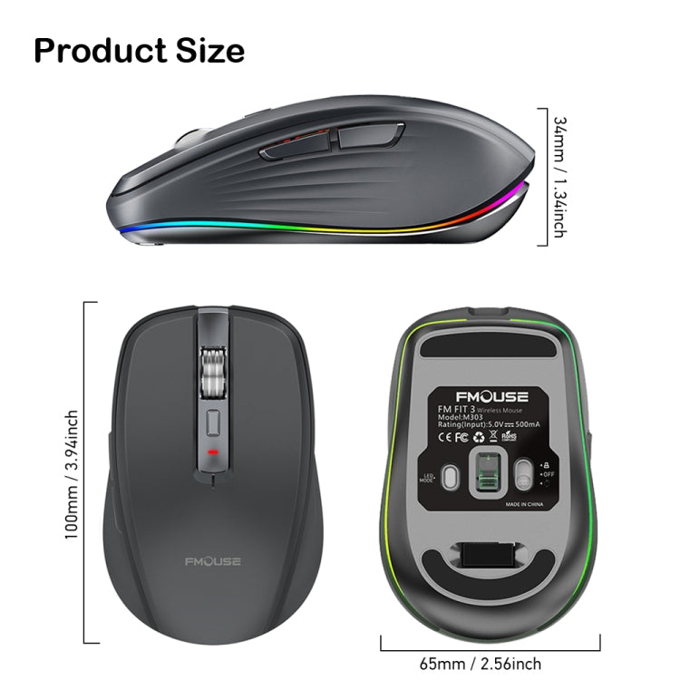 Mouse RGB ricaricabile Fmouse M303 2400 DPI Bluetooth e 2.4G a doppia modalità, Gray, Pink, White