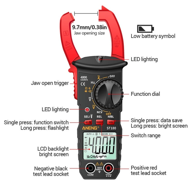 ANENG ST180 Multimetro di tensione intelligente CA e CC con morsetto per display digitale, Red, Black, Yellow