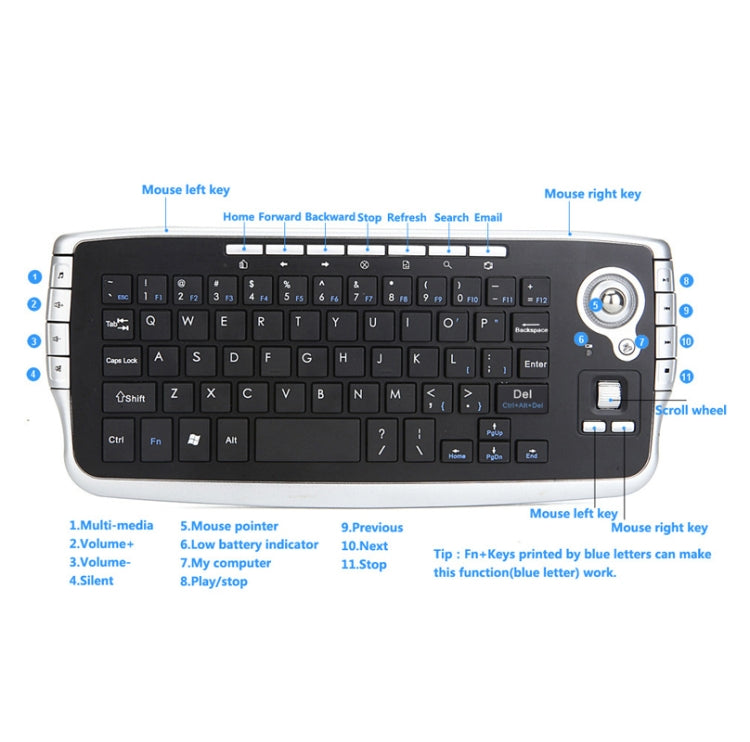 MY-10 2.4G 78 tasti 1200 DPI Mini tastiera trackball wireless Set tastiera e mouse wireless