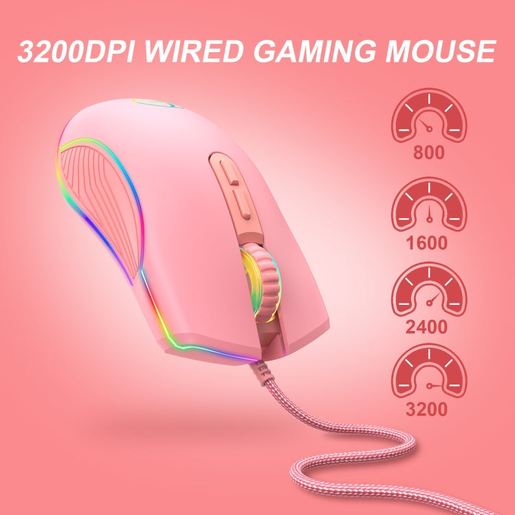 E32 7 tasti 3200 DPI Pink Girls RGB Mouse da gioco con cavo incandescente, interfaccia:, Type-C, USB