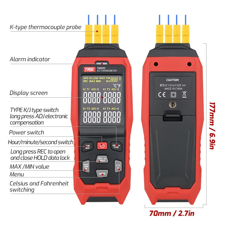 TASI Misuratore di temperatura a contatto Termometro con sonda a termocoppia tipo K, stile:, TA612A Single Channel, TA612B Dual Channels, TA612C 4 Channels
