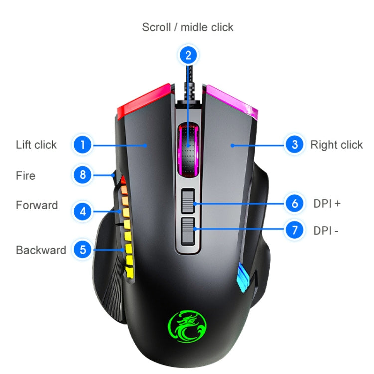 IMICE T70 Mouse da gioco cablato programmabile con illuminazione RGB a 7200 DPI a 8 pulsanti, lunghezza cavo: 1,8 m, T70