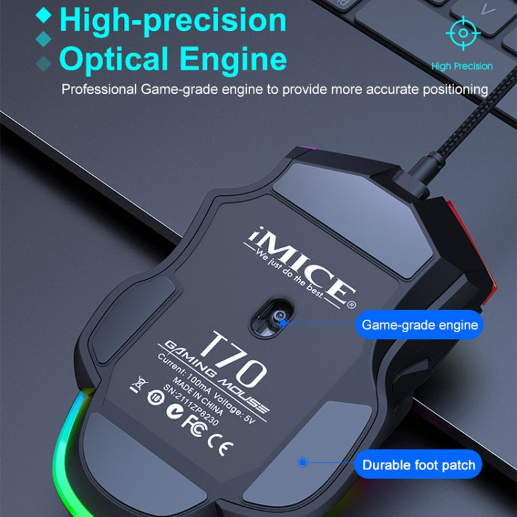 IMICE T70 Mouse da gioco cablato programmabile con illuminazione RGB a 7200 DPI a 8 pulsanti, lunghezza cavo: 1,8 m, T70