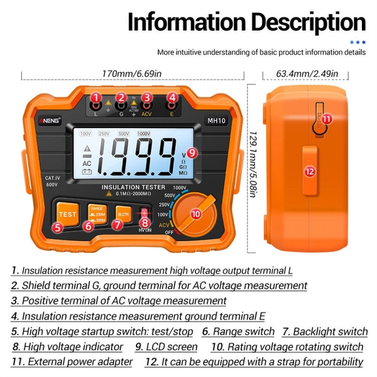 ANENG MH10 Tester di resistenza di isolamento digitale ad alta precisione, Orange, Blue