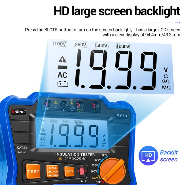 ANENG MH10 Tester di resistenza di isolamento digitale ad alta precisione, Orange, Blue
